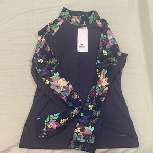 Kastel Navy Floral-Trim Long Sleeve Top